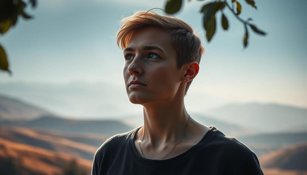 A thoughtful, introspective gaze upon a serene landscape. A sensitive observer stands amidst rolling hills, their eyes filled with wonder and a profound connection to the natural world. Soft, diffused lighting casts a gentle, almost ethereal glow, inviting the viewer to pause and reflect. The composition draws the eye inward, highlighting the power of a perceptive, attentive outlook. Subtle details, such as the flutter of leaves or the distant horizon, reinforce the idea of a heightened awareness and appreciation for the subtleties of one's surroundings. An image that captures the essence of a "sensitive gaze" and its transformative potential.