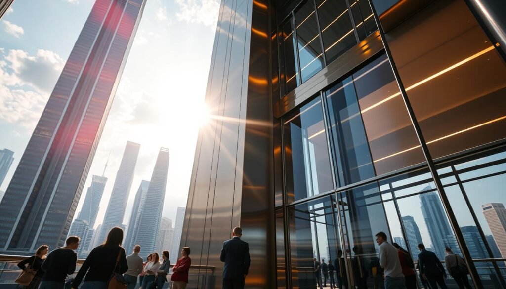 A towering, gleaming elevator shaft rises majestically against a backdrop of a bustling cityscape. The sleek, streamlined design with its smooth, mirrored exterior exudes a sense of speed and efficiency. Sunlight cascades through large, panoramic windows, illuminating the interior with a warm, inviting glow. Passengers stand in awe, anticipating the rapid ascent that will whisk them to dizzying heights. The elevator's advanced technology is evident in its precise, whisper-quiet movements, defying the constraints of gravity. This is the fastest elevator in the world, a marvel of engineering that symbolizes humanity's relentless pursuit of progress and innovation.