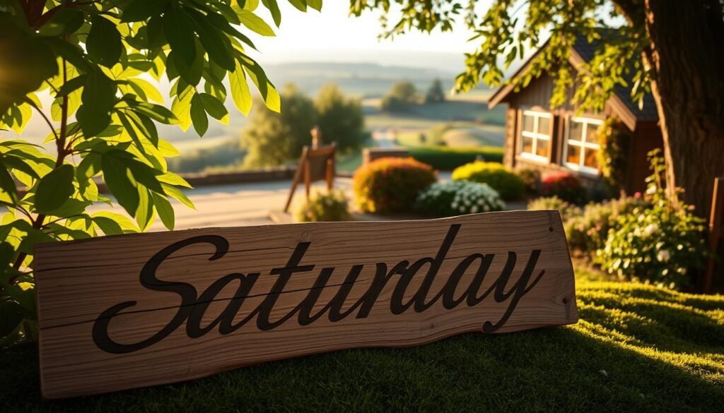 A tranquil Saturday afternoon, sunlight filtering through lush, verdant foliage. In the foreground, a weathered wooden sign with the word "Saturday" carved in elegant cursive, casting soft shadows on the mossy ground. In the middle distance, a cozy cottage nestled among flowering shrubs, its warm, inviting windows reflecting the golden glow of the setting sun. In the background, a picturesque landscape of rolling hills and a distant, hazy horizon. The scene radiates a sense of peace and calm, capturing the essence of a relaxing weekend day.