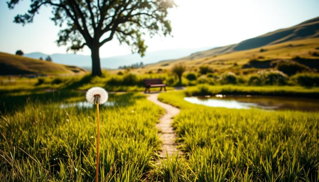 A tranquil meadow bathed in soft, golden light, with a serene pond reflecting the beauty of the surrounding landscape. In the foreground, a single, elegant dandelion stands tall, its delicate petals gently swaying in the breeze. In the middle ground, a small path winds through the lush, verdant grass, leading the eye towards a simple wooden bench under the shade of a mature oak tree. The background features rolling hills, dotted with clusters of wildflowers and the silhouettes of distant mountains against a serene, azure sky. The overall scene conveys a sense of serenity, simplicity, and the quiet appreciation of the natural world.