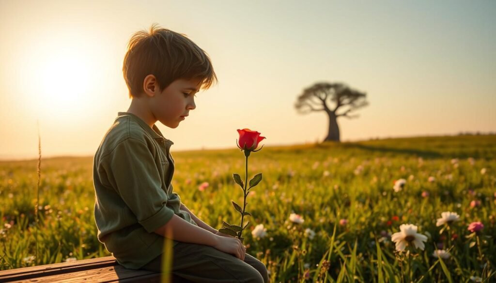 A tranquil meadow, the sun's soft glow casting a warm embrace. In the foreground, a young boy, the Little Prince, sits atop a wooden bench, his gaze fixed upon a single rose, petals swaying gently in the breeze. His expression reflects a pensive contemplation, the weight of the time he has devoted to this special flower evident in his eyes. The middle ground features a small, whimsical baobab tree, a reminder of the fragility of the bond between the boy and his rose. In the distance, a serene horizon, hinting at the vastness of the world and the significance of the connections we forge, no matter how small they may seem.