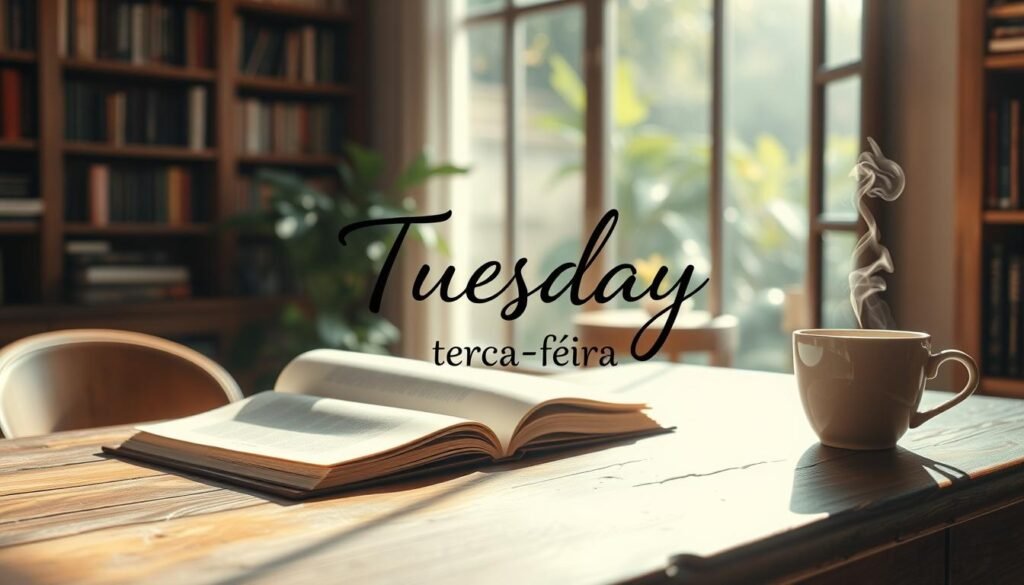 A tranquil, sun-dappled afternoon in a cozy, vintage-inspired study. On a sturdy wooden desk, an open book lies next to a delicate ceramic cup, steam gently curling from the surface of the warm beverage. The background is a muted, earthy palette, with bookshelves lining the walls and a window overlooking a lush, verdant garden. The lighting is soft and warm, casting a gentle glow over the scene. In the center of the frame, the word "Tuesday" is elegantly handwritten in a flowing cursive script, with the Portuguese translation "terça-feira" nestled beneath it in a complementary typeface. The overall mood is one of calm, contemplation, and the comforting rhythm of the days of the week.