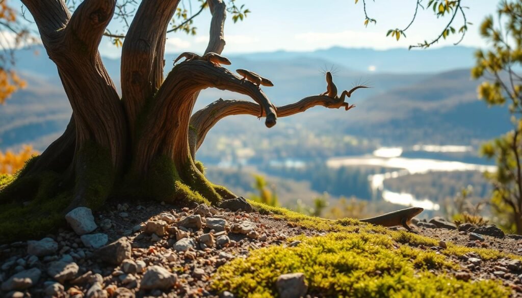 A tranquil, sun-dappled scene depicting the natural habitat where lizards often defecate. In the foreground, the ground is dotted with small rocks and patches of lush, verdant moss. Climbing up the twisted, gnarled tree trunks in the middle ground are several agile lizards, their scales glittering in the warm, golden light. The background reveals a picturesque landscape, with rolling hills and a distant, shimmering lake. The overall atmosphere is serene and inviting, capturing the essence of the lizards' peaceful, undisturbed living environment. A tranquil, sun-dappled scene depicting the natural habitat where lizards often defecate. In the foreground, the ground is dotted with small rocks and patches of lush, verdant moss. Climbing up the twisted, gnarled tree trunks in the middle ground are several agile lizards, their scales glittering in the warm, golden light. The background reveals a picturesque landscape, with rolling hills and a distant, shimmering lake. The overall atmosphere is serene and inviting, capturing the essence of the lizards' peaceful, undisturbed living environment.