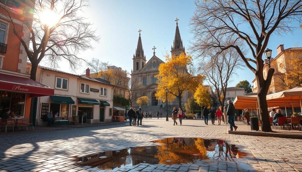 A tranquil, sun-dappled scene of a serene Thursday quinta-feira. In the foreground, a quaint cobblestone street lined with charming cafes and shops, their colorful facades reflecting in a glistening puddle. In the middle ground, people stroll leisurely, enjoying the mild autumn air. The background is dominated by a magnificent cathedral, its spires reaching toward a cloudless azure sky. Warm, golden light filters through the trees, casting a soft, inviting glow over the entire scene. The atmosphere is one of relaxation and community, capturing the essence of a pleasant Thursday quinta-feira.