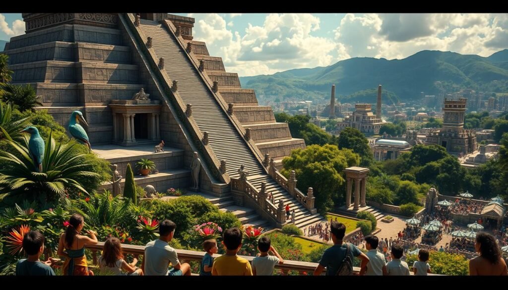 A vast Aztec temple rises from a lush, verdant landscape, its towering pyramid steps leading to a grand platform where scholars in elaborate ceremonial robes gather to impart knowledge to eager students. Sunlight filters through ornate stone carvings, casting intricate patterns on the surrounding gardens filled with vibrant flowers and exotic birds. In the foreground, young acolytes sit attentively, absorbing the wisdom of their esteemed teachers, while in the distance, a bustling city of gleaming temples and bustling markets hints at the cultural richness of the Aztec civilization and its sophisticated educational system.
