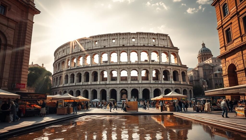 A vast Roman amphitheater, the Colosseum, stands proudly in the center of the frame. Sunlight filters through the arched entrances, casting dramatic shadows across the intricate stone facade. In the foreground, a shallow pool of water reflects the towering structure, hinting at the naval battles once staged within its walls. The middle ground features a bustling marketplace, with merchants peddling their wares amidst the hum of activity. In the background, the iconic domes and spires of ancient Rome's skyline rise against a warm, golden sky, evoking the grandeur and majesty of the empire. A sense of awe and wonder pervades the scene, capturing the essence of the remarkable Roman engineering and its impact on history. A vast Roman amphitheater, the Colosseum, stands proudly in the center of the frame. Sunlight filters through the arched entrances, casting dramatic shadows across the intricate stone facade. In the foreground, a shallow pool of water reflects the towering structure, hinting at the naval battles once staged within its walls. The middle ground features a bustling marketplace, with merchants peddling their wares amidst the hum of activity. In the background, the iconic domes and spires of ancient Rome's skyline rise against a warm, golden sky, evoking the grandeur and majesty of the empire. A sense of awe and wonder pervades the scene, capturing the essence of the remarkable Roman engineering and its impact on history.