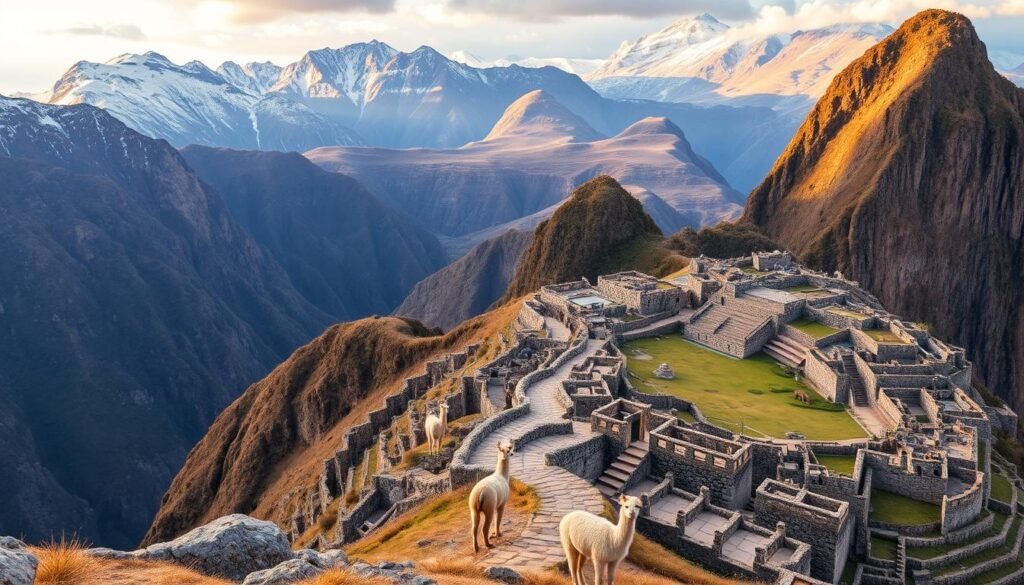 A vast network of well-engineered Inca roads winds through a dramatic Andean landscape. In the foreground, a well-maintained stone causeway traverses rugged, snow-capped peaks, with llamas grazing nearby. The middle ground features intricate stone bridges and stairways, blending seamlessly with the natural terrain. In the background, the horizon is dotted with ancient fortresses and administrative centers, a testament to the Inca's impressive engineering prowess and organizational skills. The scene is bathed in warm, golden light, capturing the timeless grandeur of this extraordinary transportation system that connected the far-flung regions of the Inca Empire.