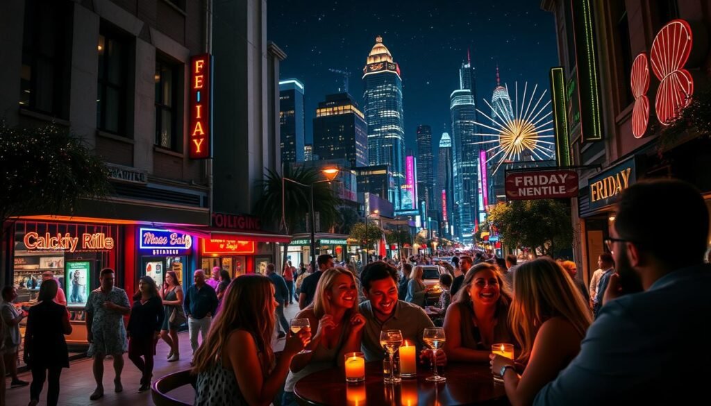 A vibrant Friday evening scene with a lively, festive atmosphere. In the foreground, a group of friends gathered around a table, laughing and sharing drinks, the warm glow of candlelight illuminating their faces. In the middle ground, the bustling streets of a lively urban setting, with people strolling, music spilling from open doorways, and the neon signs of nearby shops and restaurants casting a colorful glow. In the background, a cityscape with towering skyscrapers and a vibrant, starry night sky, hinting at the excitement and energy of the weekend ahead. The scene is captured with a cinematic, wide-angle lens, conveying a sense of movement and energy.