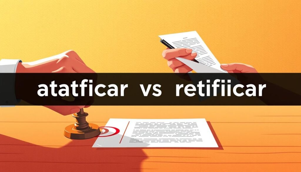 A vibrant and concise illustration of the concepts "ratificar" and "retificar", depicted against a backdrop of warm, earthy tones. In the foreground, a pair of hands, one stamping a document with a bold, authoritative motion, representing the act of ratification. In the middle ground, another pair of hands carefully revising and correcting a document, symbolizing the process of rectification. The background features a soft, textured gradient, evoking the thoughtful deliberation required to distinguish between these similar yet distinct terms. Subtle lighting creates depth and highlights the intricate details of the hands and documents, conveying the nuanced difference between these important concepts.