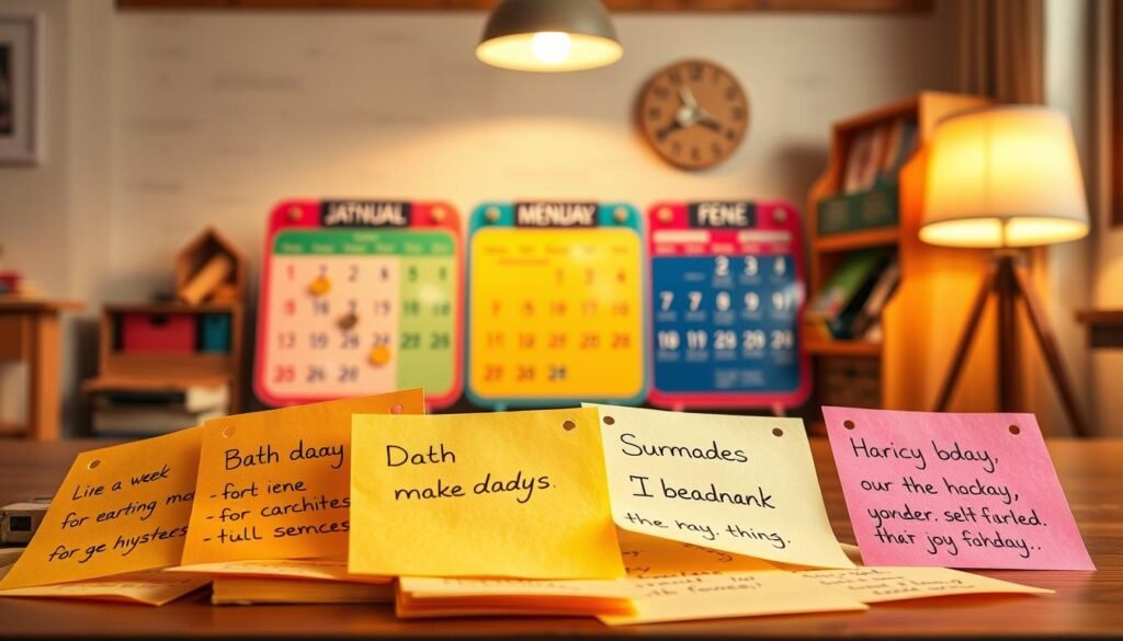 A vibrant and engaging composition depicting various examples of sentences showcasing the days of the week in the English language. The foreground features a collage of handwritten notes, each containing a unique sentence or phrase that incorporates a different day of the week, arranged in a visually appealing manner. The middle ground showcases a set of colorful, retro-inspired calendars, highlighting the days of the week, while the background is a warm, inviting space, with subtle textures and a softly-lit ambiance that creates a cozy, educational atmosphere. The overall scene is captured with a shallow depth of field, emphasizing the focal points and drawing the viewer's attention to the linguistic examples. The image should convey a sense of playfulness and learning, inspiring the reader to explore and practice the days of the week in English.