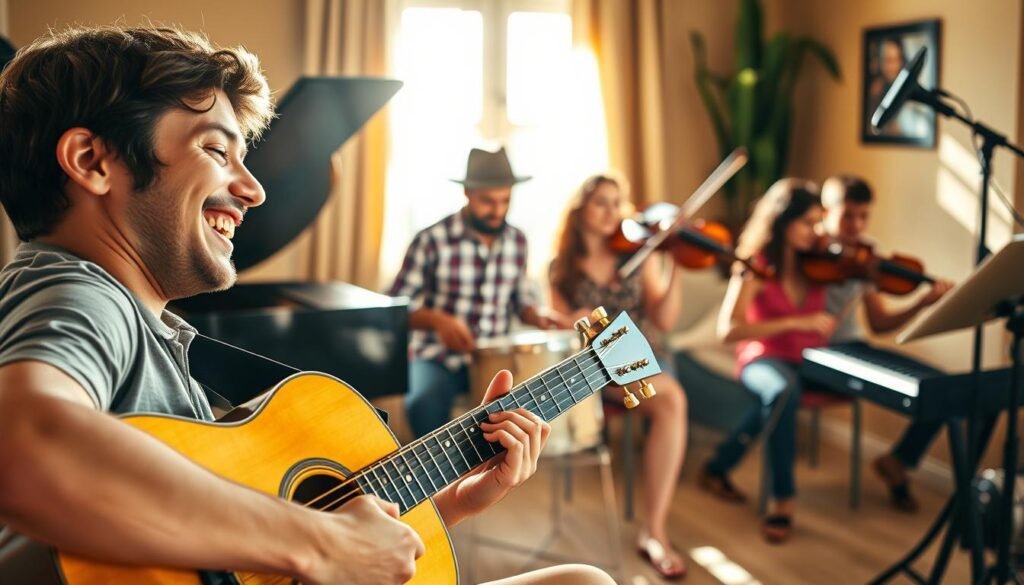 A vibrant and uplifting scene depicting the benefits of learning a musical instrument. In the foreground, a person joyfully playing a guitar, their face beaming with contentment. In the middle ground, a group of people of diverse ages and backgrounds, each immersed in playing their own instrument - a piano, drums, a violin - their expressions conveying a sense of focus, accomplishment, and shared camaraderie. The background features a warm, sun-drenched setting, perhaps a cozy music studio or a serene outdoor space, evoking a tranquil, inspirational mood. The lighting is soft and natural, highlighting the textural details of the instruments and the participants' expressions. The composition should create a harmonious, uplifting, and inviting atmosphere that showcases the joys and benefits of musical pursuits. Imagem com atmosfera alegre e inspiradora, mostrando uma pessoa feliz tocando violão em destaque, cercada por um grupo diverso de pessoas tocando piano, bateria e violino. O ambiente é iluminado suavemente por luz natural, destacando a expressão de bem-estar e conexão entre os participantes. Uma celebração visual dos benefícios emocionais e sociais da prática musical.
