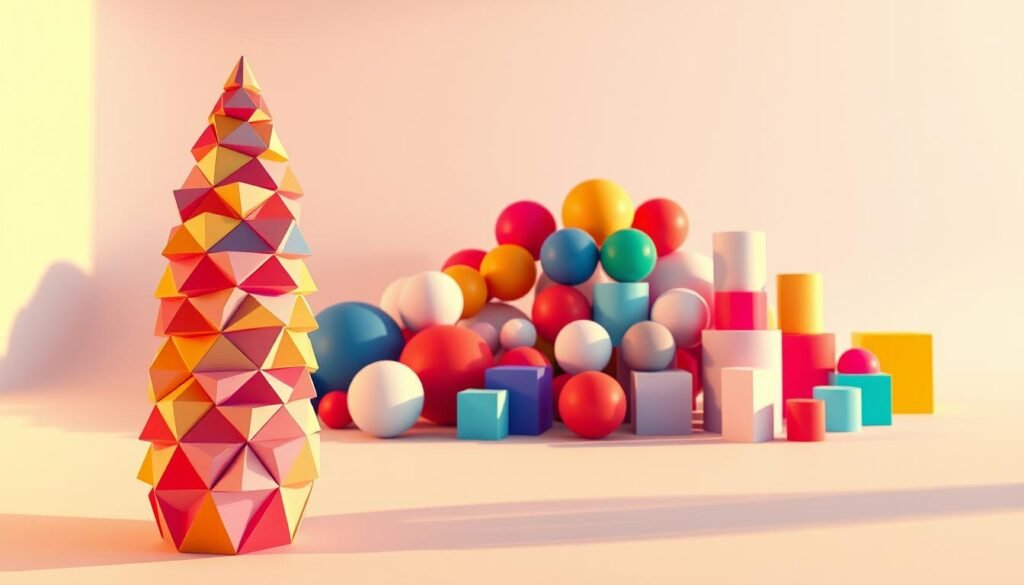 A vibrant arrangement of geometric forms, the "O cone das casquinhas de sorvete" scene. In the foreground, a towering ice cream cone constructed from a precise stack of colorful triangles, casting soft shadows on the surface below. The middle ground features a captivating interplay of spheres, cubes, and cylinders, each meticulously rendered in a variety of hues. The background is a minimalist expanse, allowing the geometric shapes to take center stage, illuminated by warm, directional lighting that accentuates their clean lines and sharp edges. The overall composition exudes a sense of harmony, balance, and visual intrigue, inviting the viewer to explore the nuanced relationship between these fundamental geometric forms.
