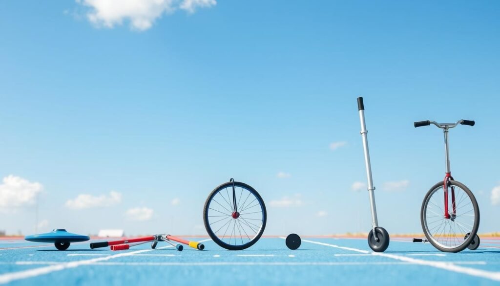 A vibrant athletic track set against a backdrop of a cloudless blue sky. In the foreground, a collection of quirky and unexpected athletic equipment - from a pogo stick to a unicycle - hinting at the unique and surprising "curiosidades" or fun facts about the sport of athletics. Soft, natural lighting illuminates the scene, creating a sense of warmth and wonder. The composition is balanced and dynamic, drawing the viewer's eye to explore the intriguing details that make up the world of this beloved sport.
