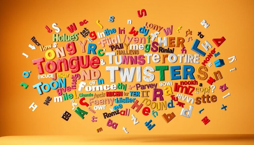A vibrant collage of tongue twisters, a playful assortment of 110 unique typographical elements levitating in a dynamic, well-lit composition. The foreground features an eclectic mix of playful, expressive lettering in a variety of sizes, shapes, and colors, hinting at the challenges and amusement of the tongue twisters. The middle ground showcases a diverse array of linguistically complex words and phrases, each crafted with intricate detail and a sense of whimsy. The background is a warm, softly blurred gradient, drawing the viewer's focus to the central collection of tongue twisters. The overall mood is one of linguistic delight, inviting the viewer to engage with and be delighted by the playful mastery of the spoken word.