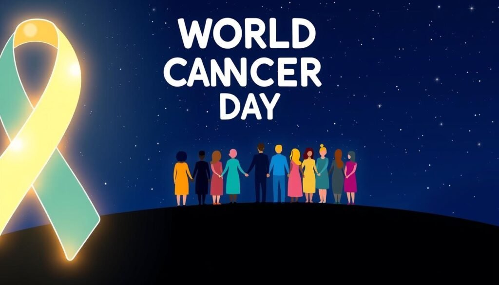A vibrant, colorful illustration of "World Cancer Day" against a backdrop of a starry night sky. In the foreground, a luminous, stylized icon of the cancer awareness ribbon, glowing with an ethereal light. In the middle ground, a group of diverse people standing together, hands linked, in a gesture of unity and solidarity. The figures are rendered in a minimalist, abstract style, conveying a sense of strength and resilience. The background is a deep, inky blue, dotted with twinkling stars, suggesting the vast, interconnected nature of the global fight against cancer. The overall mood is one of hope, determination, and a shared commitment to making a difference. Ilustração vibrante do Dia Mundial do Câncer com laço luminoso de conscientização e pessoas unidas sob um céu estrelado.