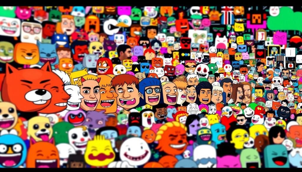 A vibrant digital landscape filled with a dynamic evolution of memes, each one a unique expression of modern digital culture. In the foreground, a collage of iconic meme faces and characters, from the classic Doge to the ever-popular Distracted Boyfriend, gradually transforming and blending into one another, symbolizing the continuous reinvention and reinterpretation of these viral phenomena. The middle ground showcases a stylized timeline of meme eras, with each era represented by a distinct visual style and aesthetic, reflecting the technological and social changes that have shaped the internet's comedic zeitgeist. In the background, a kaleidoscopic array of digital patterns, glitches, and visual noise, evoking the ever-changing, ephemeral nature of online culture and the rapid spread of memes across the global digital landscape. Linha do tempo visual da evolução dos memes na internet com personagens icônicos como Doge e Distracted Boyfriend.