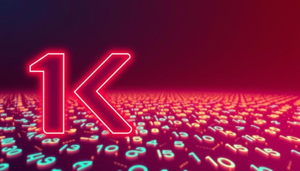 A vibrant, digitally rendered image showcasing the symbolic representation of "1K" - the internet shorthand for one thousand. The foreground features a stylized, gradient-filled "K" shape, its lines pulsing with a subtle, neon-like glow. The middle ground depicts a field of glowing, floating numerical digits, arranged in an organic, dynamic pattern, suggesting the ubiquitous nature of this digital metric. The background is a rich, moody gradient, evocative of the vast, interconnected digital landscape where these "K" values have become a ubiquitous cultural currency. The overall composition conveys a sense of technological sophistication, social connectivity, and the power of quantified online engagement. A vibrant, digitally rendered image showcasing the symbolic representation of "1K" - the internet shorthand for one thousand. The foreground features a stylized, gradient-filled "K" shape, its lines pulsing with a subtle, neon-like glow. The middle ground depicts a field of glowing, floating numerical digits, arranged in an organic, dynamic pattern, suggesting the ubiquitous nature of this digital metric. The background is a rich, moody gradient, evocative of the vast, interconnected digital landscape where these "K" values have become a ubiquitous cultural currency. The overall composition conveys a sense of technological sophistication, social connectivity, and the power of quantified online engagement.