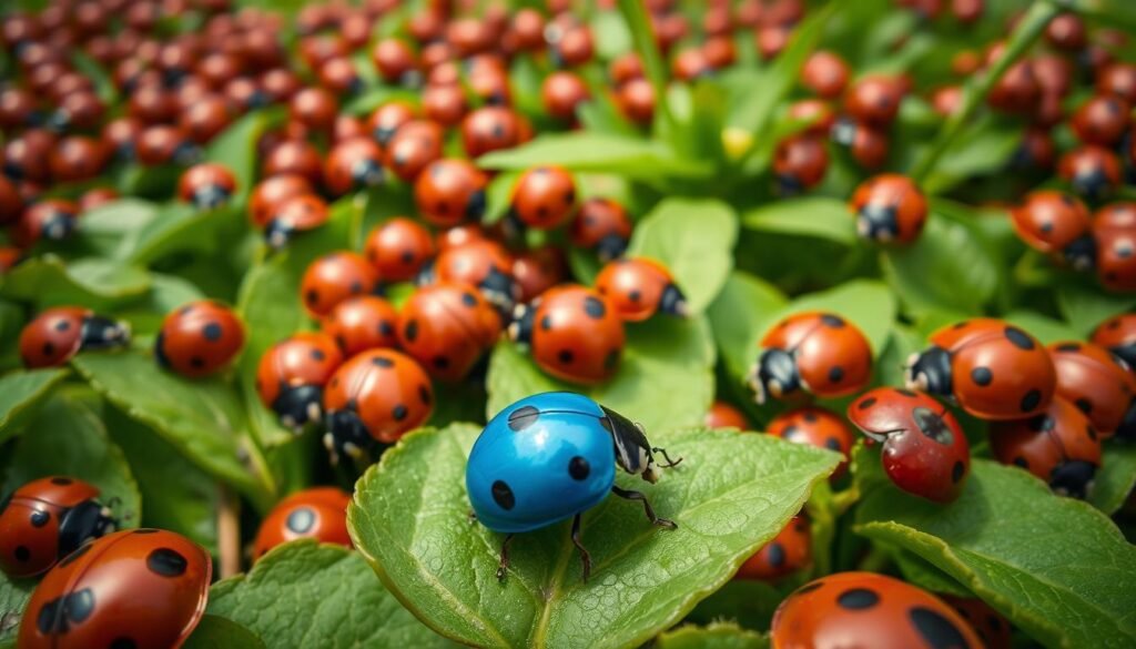 A vibrant field of ladybugs, their crimson shells dotted with black spots, resting peacefully on lush green leaves. In the foreground, a captivating blue ladybug stands out, its azure hue contrasting against the warm tones of its companions. The scene is bathed in soft, natural lighting, creating a serene and enchanting atmosphere. The camera angle is slightly elevated, offering a whimsical perspective that invites the viewer to marvel at the unexpected beauty of these tiny, extraordinary creatures.