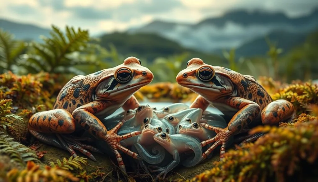 A vibrant, hyperrealistic scene of parental frogs tenderly caring for their tadpole offspring. In the foreground, a pair of amphibious parents encircle their brood, gazing down with watchful eyes. Their webbed feet gently cradle the wriggling tadpoles, as the mottled skin of the frogs creates a stunning contrast against the translucent, undulating bodies of their young. The middle ground features a lush, verdant background of ferns and mosses, casting a soft, diffused lighting upon the intimate tableau. In the distant background, a blurred, dreamlike landscape of misty hills and clouded skies evokes a sense of tranquility and peaceful coexistence. The overall atmosphere is one of tender care, natural harmony, and the profound bond between parent and offspring. A vibrant, hyperrealistic scene of parental frogs tenderly caring for their tadpole offspring. In the foreground, a pair of amphibious parents encircle their brood, gazing down with watchful eyes. Their webbed feet gently cradle the wriggling tadpoles, as the mottled skin of the frogs creates a stunning contrast against the translucent, undulating bodies of their young. The middle ground features a lush, verdant background of ferns and mosses, casting a soft, diffused lighting upon the intimate tableau. In the distant background, a blurred, dreamlike landscape of misty hills and clouded skies evokes a sense of tranquility and peaceful coexistence. The overall atmosphere is one of tender care, natural harmony, and the profound bond between parent and offspring.