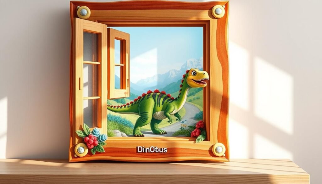 A vibrant, intricately detailed decorative frame for a child's bedroom, featuring a whimsical Swiss-style dinosaur illustration. The frame is crafted from warm, natural wood tones, complemented by playful, painterly accents in a rainbow of colors. Sunlight streams in through an open window, casting a gentle glow and soft shadows across the scene. The dinosaur, posed dynamically against a stylized countryside backdrop, appears to be exploring a winding road, exuding a sense of adventure and discovery. The overall composition evokes a charming, storybook-like atmosphere, perfect for sparking a child's imagination. Descubra a origem do famoso quadro “Dinossauro na Estrada” e conheça o artista suíço, criador da obra que marcou os anos 90.