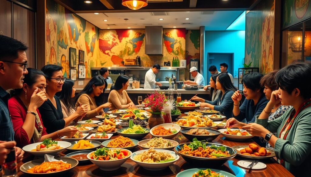 A vibrant, multicultural dining scene. In the foreground, a table laden with a diverse array of dishes - from traditional local fare to fusion cuisine, blending culinary influences. Diners of different ethnicities and ages gather, engaged in lively conversation, sharing tastes and cultural traditions. The middle ground features a bustling open kitchen, where chefs of varied backgrounds collaborate to create innovative, flavor-forward meals. In the background, a mosaic of colorful murals and international decor adorns the walls, reflecting the eclectic ambiance. Warm, directional lighting casts a welcoming glow, evoking a sense of community and cultural exchange. An atmospheric scene capturing the essence of how diverse culinary traditions have become interwoven in the everyday lives of a modern, multicultural society. A vibrant, multicultural dining scene. In the foreground, a table laden with a diverse array of dishes - from traditional local fare to fusion cuisine, blending culinary influences. Diners of different ethnicities and ages gather, engaged in lively conversation, sharing tastes and cultural traditions. The middle ground features a bustling open kitchen, where chefs of varied backgrounds collaborate to create innovative, flavor-forward meals. In the background, a mosaic of colorful murals and international decor adorns the walls, reflecting the eclectic ambiance. Warm, directional lighting casts a welcoming glow, evoking a sense of community and cultural exchange. An atmospheric scene capturing the essence of how diverse culinary traditions have become interwoven in the everyday lives of a modern, multicultural society.