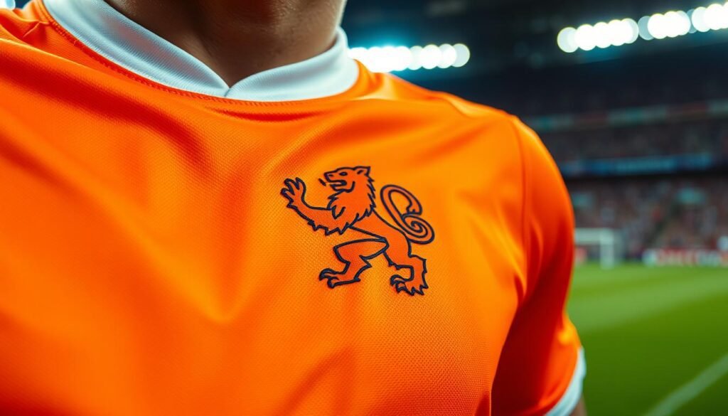 A vibrant orange jersey with the iconic Dutch lion emblem prominently displayed, captured in a dynamic, close-up shot. The fabric has a subtle sheen, reflecting the intense stadium lighting. The jersey's collar and cuffs feature subtle white accents, adding a touch of elegant contrast. The image is framed tightly, emphasizing the jersey's bold, unmistakable color that has become a symbol of the Netherlands' national team. The background is blurred, keeping the focus squarely on the jersey's vivid hue, the centerpiece of this iconic sports uniform.