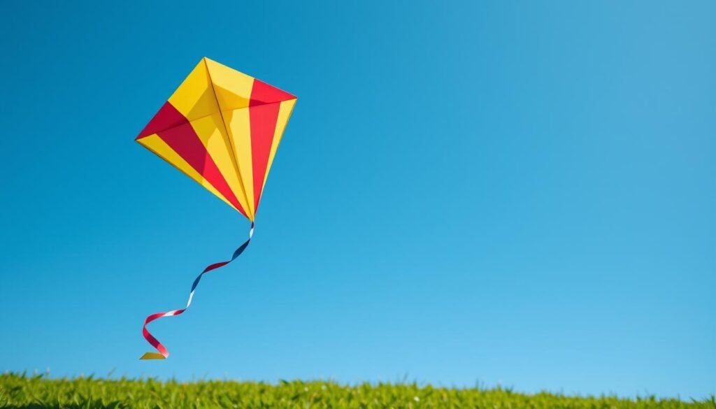 A vibrant paper kite in the shape of a diamond, its intricate folds and creases creating a mesmerizing geometric pattern. The kite dances gracefully against a backdrop of a clear blue sky, its vivid colors - reds, yellows, and blues - popping with a sense of whimsy and joy. The camera captures the kite from a low angle, emphasizing its airy, weightless quality as it soars overhead, casting a delicate shadow on the lush, verdant landscape below. A soft, diffused natural lighting illuminates the scene, imbuing it with a sense of warmth and tranquility. The overall composition evokes a feeling of playfulness and wonder, perfectly capturing the essence of the "losango em pipas de papel" and its place in the broader exploration of geometric forms.