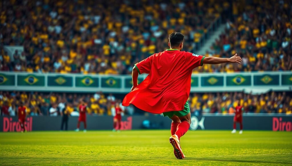 A vibrant red jersey emblazoned with the iconic Brazilian national team crest, billowing in the breeze as a player runs across a lush green pitch. The jersey's hue is a deep, rich crimson, catching the warm, golden light of the stadium. The player's movements are fluid and graceful, their silhouette standing out against the blurred background of cheering fans. The scene conveys a sense of passion, pride, and the storied history of the Brazilian national team. The jersey is the focal point, a symbol of the country's footballing legacy. The image captures a pivotal moment in time, a tantalizing glimpse into the what-if scenario of the Brazilian team donning a crimson jersey. Camisa vermelha da Seleção Brasileira com escudo oficial, esvoaçando enquanto jogador corre em campo, representando um cenário alternativo marcante na história do futebol.