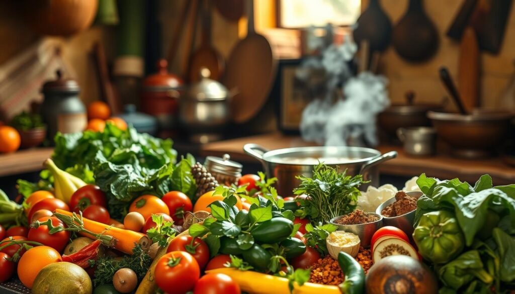 A vibrant, richly textured scene of a traditional Brazilian kitchen counter, showcasing the diverse ingredients and flavors that make up the country's beloved culinary heritage. In the foreground, a colorful medley of fresh vegetables, fruits, herbs, and spices are artfully arranged, hinting at the complex and delightful fusion of tastes to come. In the middle ground, a simmering pot of stew or soup, its aromatic steam rising gently, represents the slow, soulful cooking methods passed down through generations. In the background, glimpses of traditional cookware, utensils, and the warm, rustic ambiance of a well-used kitchen create a sense of history and cultural tradition. The lighting is soft and natural, casting a golden glow that enhances the earthy tones and inviting textures of the scene. This image evokes the rich tapestry of influences and the enduring spirit of Brazilian cuisine, deeply rooted in the nation's complex past. A vibrant, richly textured scene of a traditional Brazilian kitchen counter, showcasing the diverse ingredients and flavors that make up the country's beloved culinary heritage. In the foreground, a colorful medley of fresh vegetables, fruits, herbs, and spices are artfully arranged, hinting at the complex and delightful fusion of tastes to come. In the middle ground, a simmering pot of stew or soup, its aromatic steam rising gently, represents the slow, soulful cooking methods passed down through generations. In the background, glimpses of traditional cookware, utensils, and the warm, rustic ambiance of a well-used kitchen create a sense of history and cultural tradition. The lighting is soft and natural, casting a golden glow that enhances the earthy tones and inviting textures of the scene. This image evokes the rich tapestry of influences and the enduring spirit of Brazilian cuisine, deeply rooted in the nation's complex past.