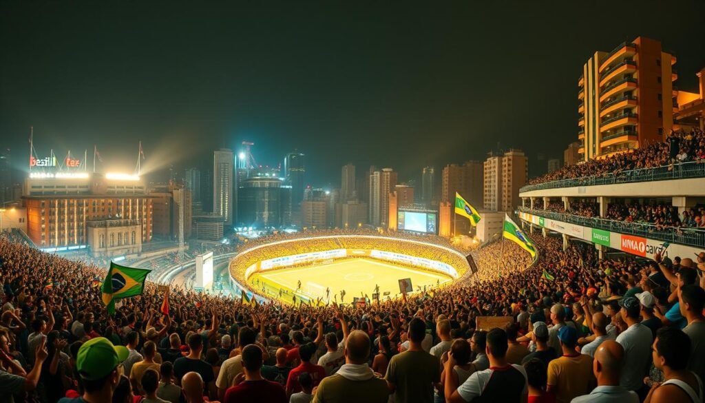 A vibrant scene of the largest organized fan groups in Brazil in 2025. In the foreground, a sea of passionate supporters dressed in team colors and flags, chanting and waving banners that create a mesmerizing tapestry of energy. In the middle ground, the iconic stadiums and terraces that host their spirited displays, lit by a warm, golden light that infuses the atmosphere with a sense of anticipation. The background showcases the diverse urban landscape of Brazil, with towering skyscrapers and vibrant street life, reflecting the deep cultural roots of these fan communities. The overall composition conveys the unwavering spirit, unity, and sheer scale of the largest organized fan groups in the country, captivating the viewer with their unwavering devotion to their teams. A vibrant scene of the largest organized fan groups in Brazil in 2025. In the foreground, a sea of passionate supporters dressed in team colors and flags, chanting and waving banners that create a mesmerizing tapestry of energy. In the middle ground, the iconic stadiums and terraces that host their spirited displays, lit by a warm, golden light that infuses the atmosphere with a sense of anticipation. The background showcases the diverse urban landscape of Brazil, with towering skyscrapers and vibrant street life, reflecting the deep cultural roots of these fan communities. The overall composition conveys the unwavering spirit, unity, and sheer scale of the largest organized fan groups in the country, captivating the viewer with their unwavering devotion to their teams.