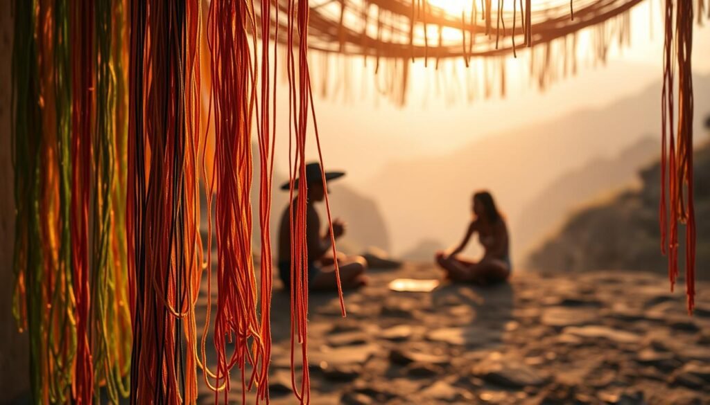 A vibrant scene of traditional Inca quipus, delicate strands of colored cords knotted together in intricate patterns. In the foreground, the quipus are suspended, each strand a unique hue that seems to shimmer and dance in the warm, golden light. In the middle ground, shadowy Inca figures sit cross-legged, carefully interpreting the encoded information, weaving narratives from the knotted threads. The background fades into a misty, ancient landscape, hinting at the rich history and cultural significance of these remarkable record-keeping devices. The overall atmosphere evokes a sense of reverence and wonder, capturing the essence of the Inca's sophisticated system of storytelling and data management.