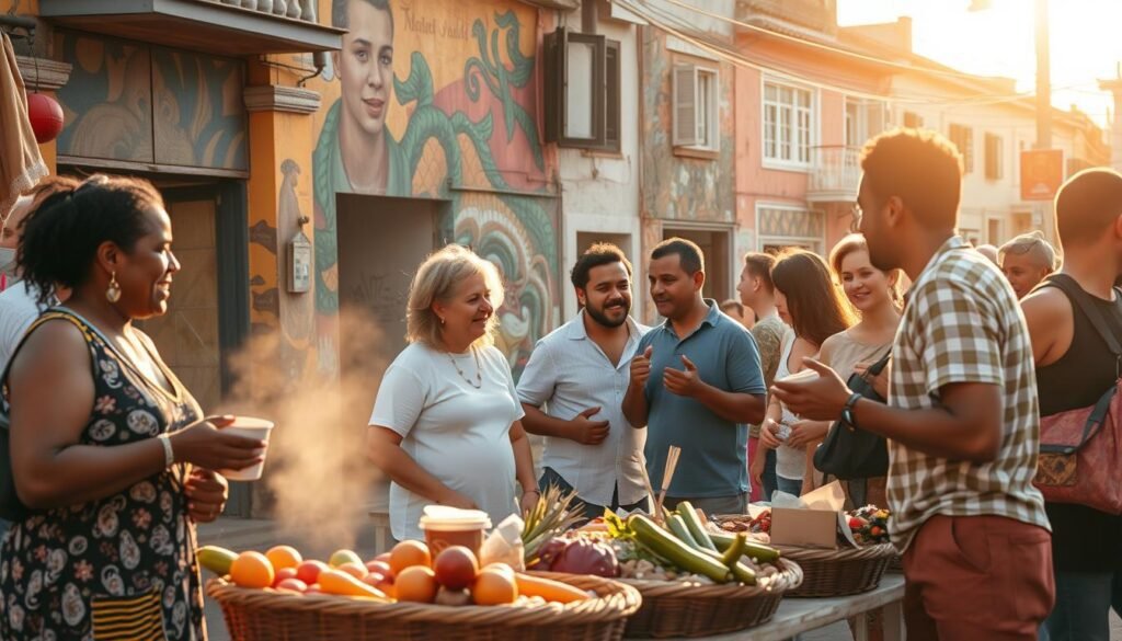A vibrant street scene in Brazil, showcasing the country's lively and expressive culture. A bustling marketplace in the foreground, with vendors hawking their wares and locals engaged in animated conversations. Colorful produce spills out from woven baskets, the air filled with the aroma of freshly brewed coffee and sizzling street food. In the middle ground, a group of friends gather, their hands gesturing passionately as they share a lively discussion, their faces alight with the quintessential Brazilian spirit. The background is framed by a backdrop of colorful buildings, their facades adorned with intricate murals and street art, capturing the essence of the country's vibrant and diverse urban landscape. Warm, golden sunlight filters through, casting a soft, inviting glow over the entire scene, evoking a sense of warmth, energy, and the enduring popularity of this cherished Brazilian expression. A vibrant street scene in Brazil, showcasing the country's lively and expressive culture. A bustling marketplace in the foreground, with vendors hawking their wares and locals engaged in animated conversations. Colorful produce spills out from woven baskets, the air filled with the aroma of freshly brewed coffee and sizzling street food. In the middle ground, a group of friends gather, their hands gesturing passionately as they share a lively discussion, their faces alight with the quintessential Brazilian spirit. The background is framed by a backdrop of colorful buildings, their facades adorned with intricate murals and street art, capturing the essence of the country's vibrant and diverse urban landscape. Warm, golden sunlight filters through, casting a soft, inviting glow over the entire scene, evoking a sense of warmth, energy, and the enduring popularity of this cherished Brazilian expression.