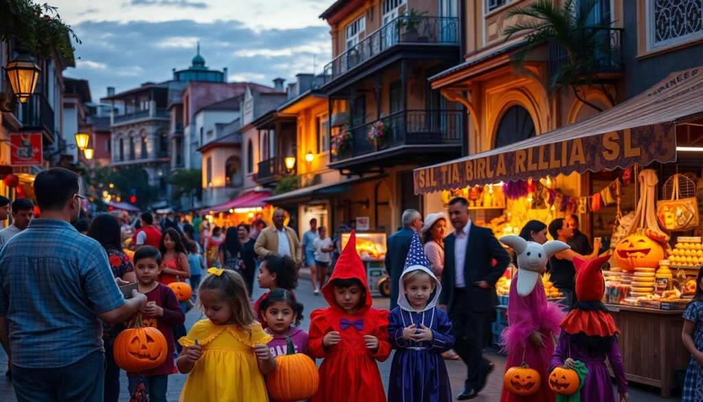 A vibrant street scene in a lively Brazilian town, bathed in the warm glow of dusk. In the foreground, children in colorful Halloween costumes - pumpkins, ghosts, and witches - excitedly gather candy from costumed neighbors. The middle ground features a bustling market, with vendors selling traditional Brazilian treats and decorations. In the background, iconic Brazilian architecture, adorned with intricate patterns and vibrant colors, sets the scene. Warm, soft lighting casts a cozy, festive atmosphere, as the community celebrates the arrival of this unique cultural tradition.