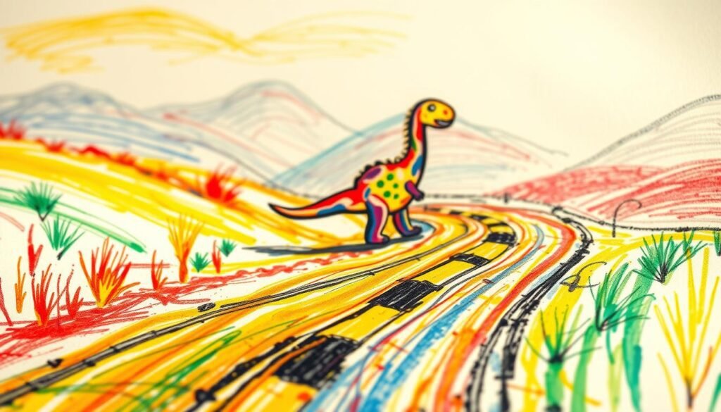 A vibrant, whimsical scene of children's artwork, featuring a colorful, expressive depiction of a dinosaur meandering down a winding, textured road. The foreground showcases the spirited, playful brushstrokes and crayon-like textures, evoking a sense of childlike wonder and imagination. The middle ground presents the dinosaur subject, rendered in a naive, endearing style, capturing the quintessence of "arte infantil." The background subtly hints at a dreamlike, nostalgic landscape, with soft, hazy tones and a sense of movement, inviting the viewer to reminisce about their own cherished memories of childhood. Warm, natural lighting bathes the scene, lending a comforting, sentimental atmosphere. The overall composition conveys the timeless appeal and profound emotional resonance of children's art. Descubra a origem do famoso quadro “Dinossauro na Estrada” e conheça o artista suíço, criador da obra que marcou os anos 90.