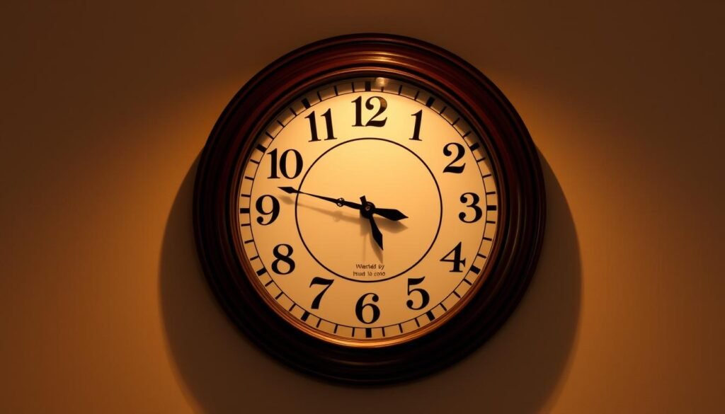 A wall clock with a centered, highly detailed circular face surrounded by a vintage wooden frame. The face has clearly marked numbers and minute/hour hands in a traditional clockwise design. The lighting is soft and warm, creating a cozy, inviting atmosphere. The clock is positioned against a neutral, minimalist background, allowing the circular form to be the central focus. The overall composition emphasizes the timeless elegance and precision of this classic wall clock design.