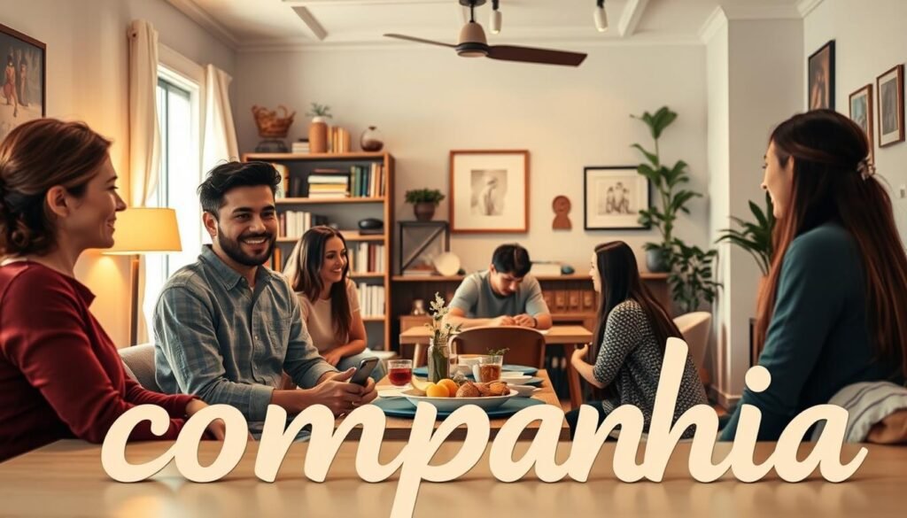 A well-lit, detailed interior scene showcasing examples of "companhia" used in everyday contexts. In the foreground, a group of friends or colleagues engaged in conversation, their faces and body language conveying a sense of camaraderie and companionship. In the middle ground, a family gathered around a table, sharing a meal and enjoying each other's company. In the background, a cozy living room or office space, with bookshelves, artwork, and other decorative elements that reinforce the theme of "companhia." The lighting is warm and inviting, creating a welcoming atmosphere. The composition is balanced and visually compelling, drawing the viewer's attention to the various examples of "companhia" depicted throughout the scene.