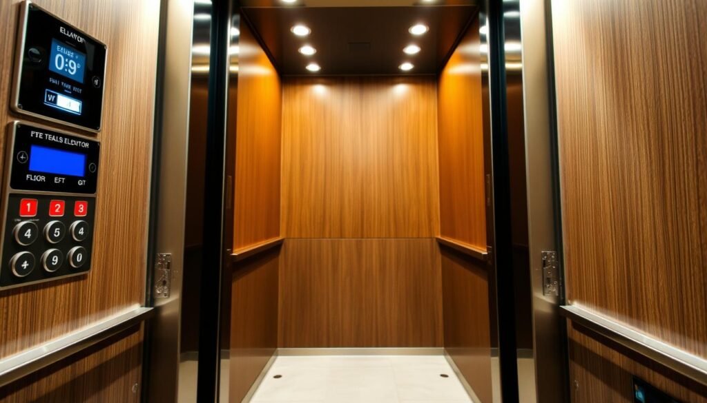 A well-lit, detailed interior view of an elevator cabin, with its doors open. Prominent in the foreground is the elevator control panel, showcasing the different floor buttons and their capacity indicators. In the middle ground, the elevator floor is visible, with a clean, polished finish. The background depicts the elevator walls, adorned with a sleek, modern design. The lighting is bright and even, highlighting the technical specifications and practical details of the elevator's inner workings. The overall atmosphere conveys a sense of efficiency, safety, and precision, reflecting the importance of understanding the true capacity of this everyday transportation device.