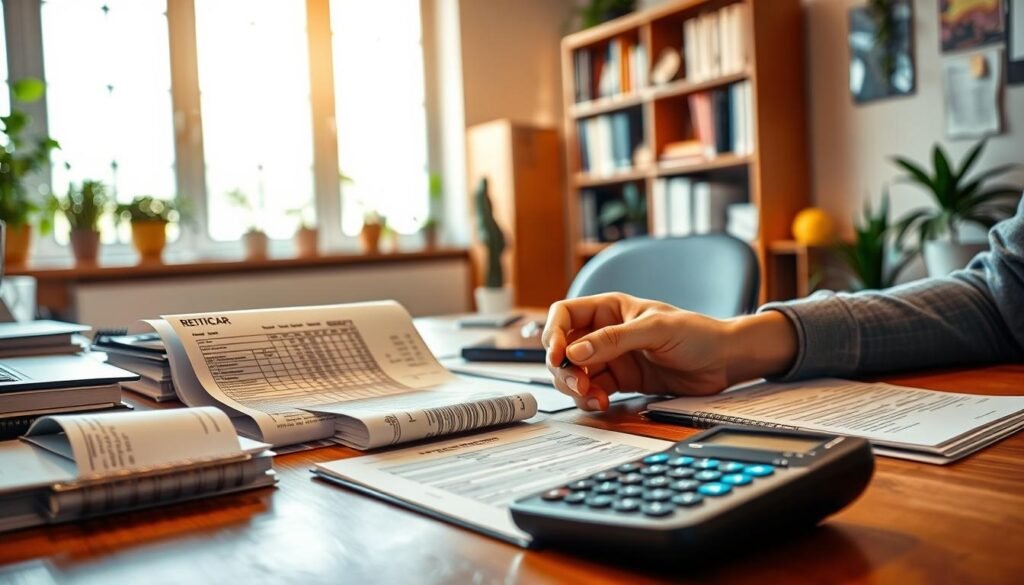 A well-lit, detailed scene depicting various examples of "retificar" in a practical setting. The foreground features several everyday objects, such as a receipt, a spreadsheet, and a calculator, arranged neatly on a wooden desk. In the middle ground, a person's hands are carefully reviewing and correcting the documents, using a pen to make precise modifications. The background showcases a warm, inviting office environment, with bookshelves, potted plants, and a window allowing natural light to flood the space, creating a sense of focus and productivity. The overall composition conveys the thoughtful and meticulous process of "retificar", or correcting and revising, in a professional context.