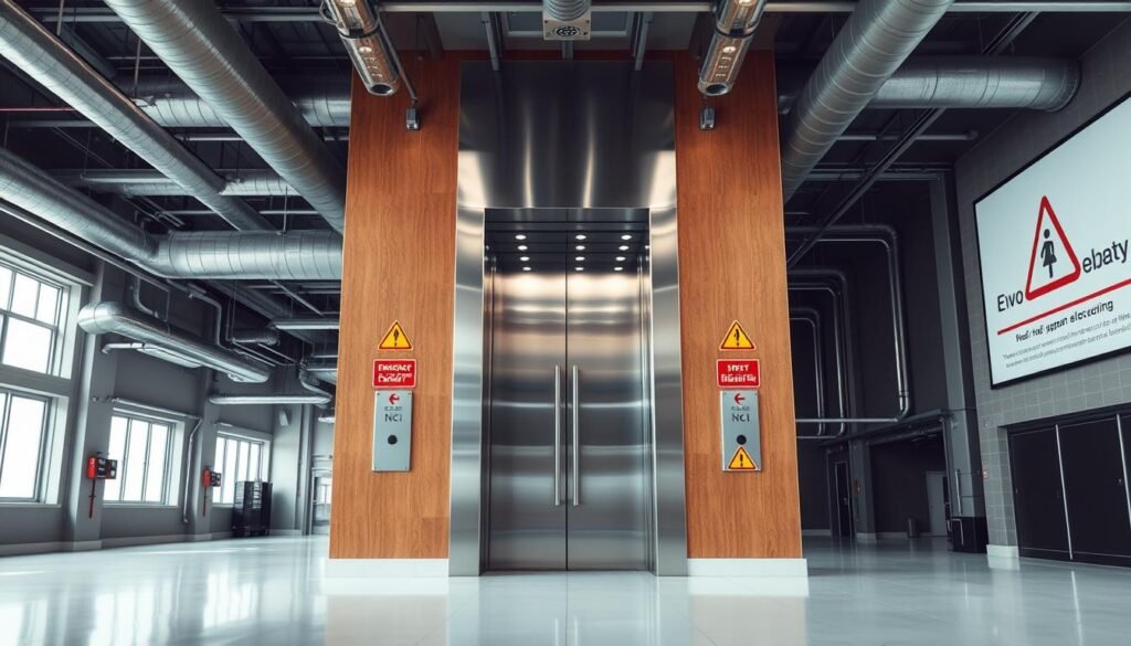 A well-lit industrial interior with a large, prominent elevator in the center. The elevator has a sleek, modern design with a brushed metal finish and transparent glass doors. Safety signs and icons are clearly displayed on the walls, highlighting the emergency procedures and regulations for proper elevator usage. The floor is clean and the lighting is bright, creating a sense of order and professionalism. The background features a subtle industrial motif, with exposed pipes, ventilation ducts, and support beams, suggesting a commercial or office setting. The overall mood is one of safety, efficiency, and attention to detail.