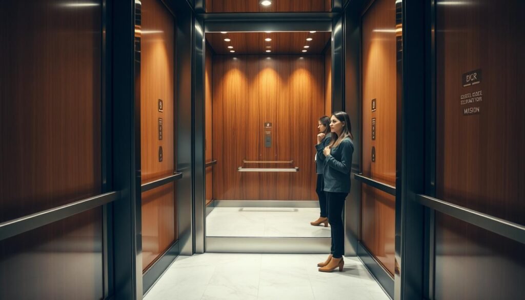 A well-lit, modern elevator interior with a large, clear mirror on the back wall. The mirror reflects the elegant, minimalist design of the elevator car, with sleek metal panels and soft, diffused lighting. The floor is a smooth, polished marble, and the walls are lined with a rich, wood-paneled wainscoting. A woman standing near the mirror, her gaze thoughtful and introspective, as if considering her own reflection and the function of the mirror in this confined, vertical space. The composition captures the intersection of form, function, and human curiosity within the everyday experience of riding an elevator.