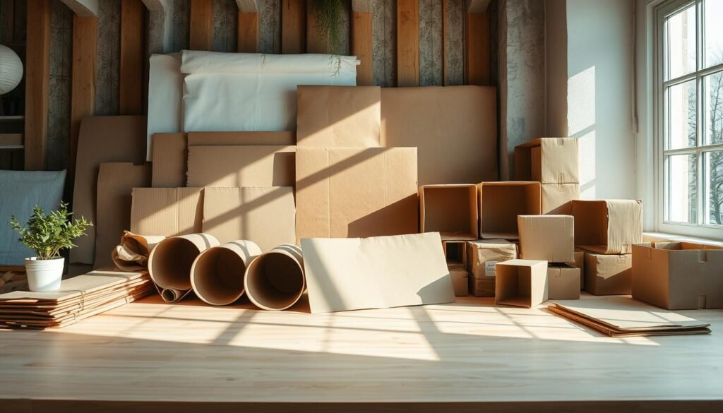 A well-lit workspace with an assortment of recycled cardboard materials including sheets, tubes, and various sized boxes. The materials are neatly arranged on a clean, wooden surface, with natural lighting casting soft shadows that highlight their textural qualities. A sense of order and organization pervades the scene, conveying the potential for these humble materials to be transformed into unique, eco-friendly lighting solutions. The overall mood is one of creativity, sustainability, and the beauty that can emerge from repurposing common, everyday objects. A well-lit workspace with an assortment of recycled cardboard materials including sheets, tubes, and various sized boxes. The materials are neatly arranged on a clean, wooden surface, with natural lighting casting soft shadows that highlight their textural qualities. A sense of order and organization pervades the scene, conveying the potential for these humble materials to be transformed into unique, eco-friendly lighting solutions. The overall mood is one of creativity, sustainability, and the beauty that can emerge from repurposing common, everyday objects.