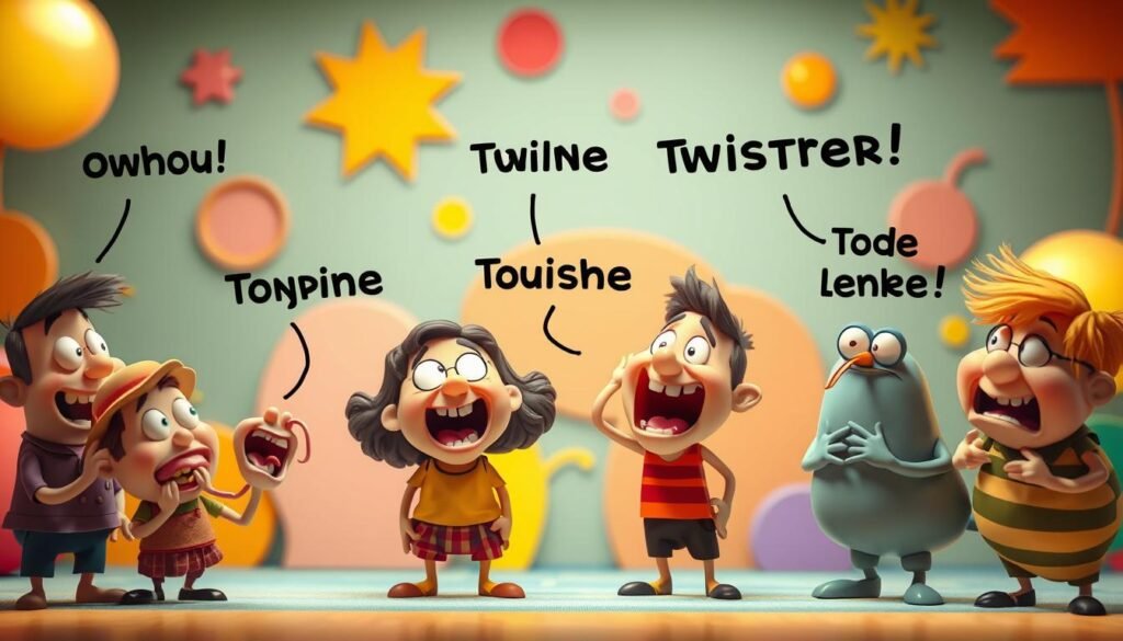 A whimsical scene of silly tongue twisters, with a playful and humorous atmosphere. In the foreground, a cast of animated characters engage in comical contortions as they attempt to pronounce increasingly bizarre phrases, their expressions exaggerated and their tongues twisted into knots. The middle ground features a backdrop of brightly colored shapes and patterns, creating a vibrant and engaging visual context. Soft, diffused lighting casts a warm, inviting glow, enhancing the lighthearted mood. The overall composition should convey a sense of fun, laughter, and the joy of tackling linguistic challenges.