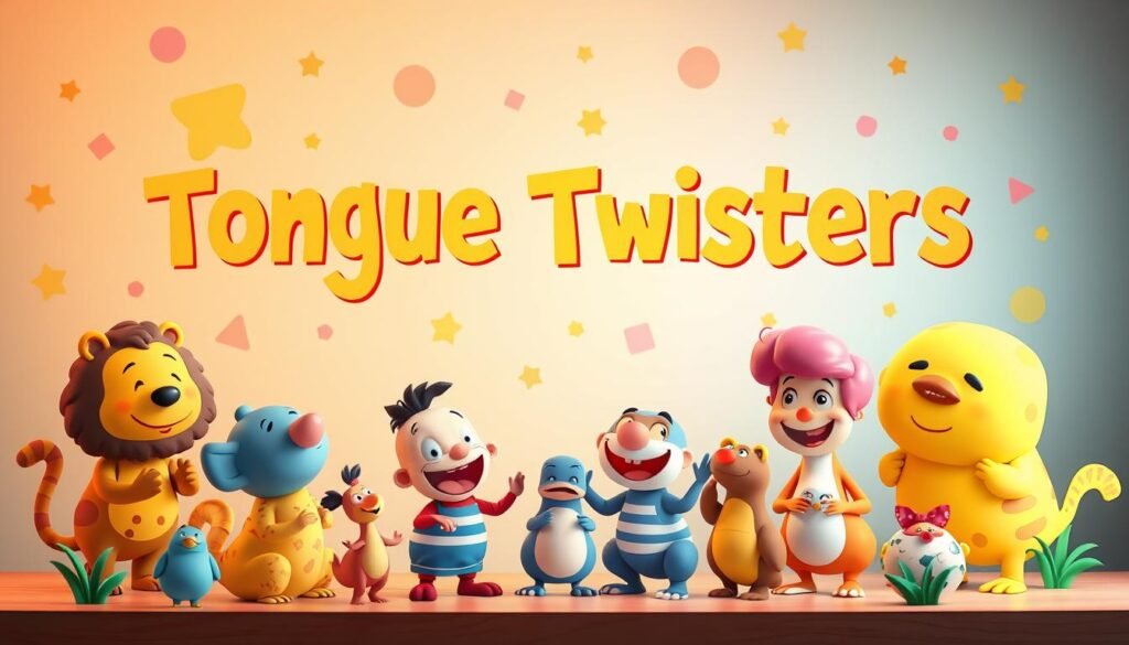 A whimsical scene of vibrant colors and playful typography, showcasing a collection of tongue twisters for children. In the foreground, a group of diverse characters – cartoon-like animals and anthropomorphic figures – engage in a lively game of reciting the tongue twisters, their expressions filled with mirth and concentration. The middle ground features a backdrop of playful shapes and patterns, creating a cheerful and imaginative environment. The lighting is soft and warm, casting a gentle glow that enhances the inviting atmosphere. The overall composition is designed to capture the joy and challenge of mastering these linguistic puzzles, inspiring young minds to explore the wonders of language.