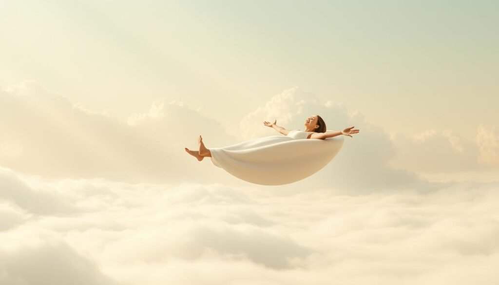 A whimsical, surreal scene of a person effortlessly "traveling on mayonnaise". In the foreground, a person floats serenely, their limbs outstretched, suspended in a creamy, luminous white medium that gently envelops them. The background is a dreamlike, pastel-hued landscape, with soft, billowing clouds in a pale blue sky. Subtle shafts of warm, golden light filter through, creating a sense of tranquility and timelessness. The overall composition conveys a feeling of lightness, weightlessness, and the ability to transcend the limitations of the physical world, reflecting the continued relevance and enduring appeal of the expression "traveling on mayonnaise". A whimsical, surreal scene of a person effortlessly "traveling on mayonnaise". In the foreground, a person floats serenely, their limbs outstretched, suspended in a creamy, luminous white medium that gently envelops them. The background is a dreamlike, pastel-hued landscape, with soft, billowing clouds in a pale blue sky. Subtle shafts of warm, golden light filter through, creating a sense of tranquility and timelessness. The overall composition conveys a feeling of lightness, weightlessness, and the ability to transcend the limitations of the physical world, reflecting the continued relevance and enduring appeal of the expression "traveling on mayonnaise".