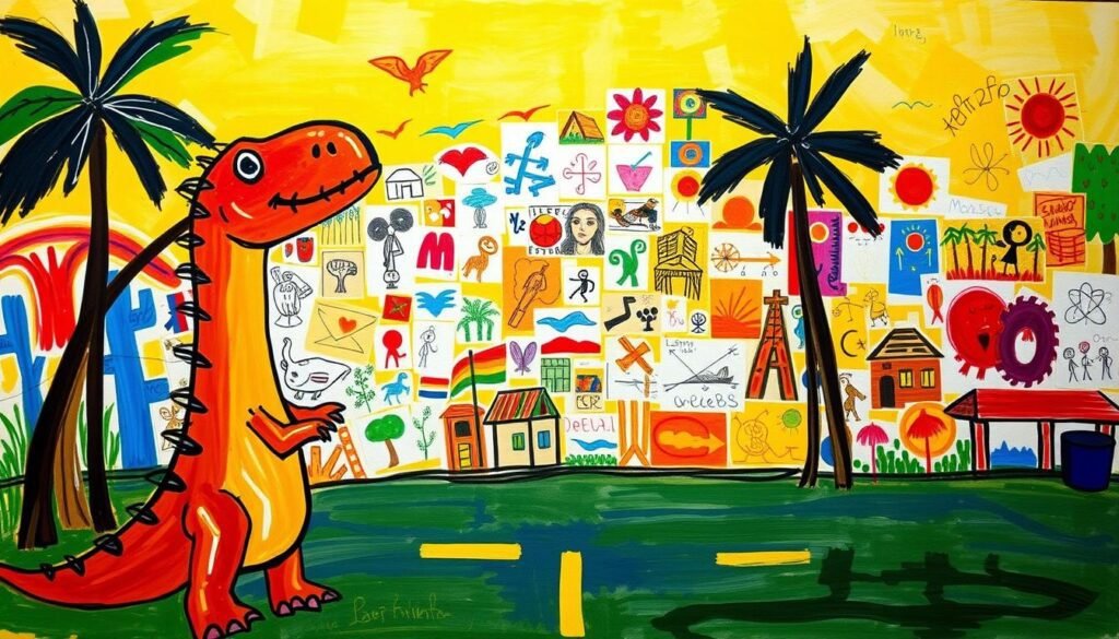A whimsical, vibrant depiction of Brazilian "arte infantil" (children's art) inspired by the "Dinossauro na Estrada" painting. The foreground features a playful, abstract dinosaur figure rendered in bold, expressive brushstrokes of primary colors. In the middle ground, a collage of child-like drawings, paintings, and sketches in various media spill across the canvas, showcasing the imaginative, uninhibited nature of this art form. The background is awash in a warm, golden light, creating a dreamlike, nostalgic atmosphere that celebrates the raw creativity and unbridled joy of the "Valentim Keppk" style. The composition is dynamic, with overlapping elements that draw the viewer's eye inward, inviting exploration of this vibrant, whimsical world. Descubra a origem do famoso quadro “Dinossauro na Estrada” e conheça o artista suíço, criador da obra que marcou os anos 90.