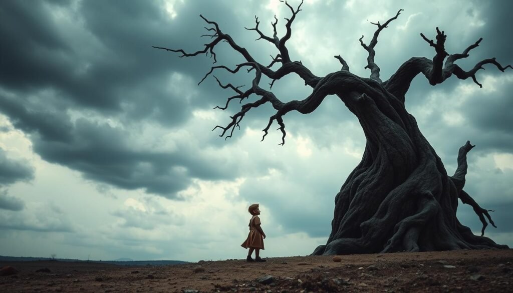 A young boy, the Little Prince, stands resolute amidst a vast and barren landscape. His expression is one of determination, as he faces a towering, twisted tree that blocks his path. The sky above is ominous, with dark clouds gathering, casting dramatic shadows that accentuate the rugged terrain. The Prince's simple, yet distinctive, attire stands out against the muted tones of the environment, conveying his courage and unwavering spirit. The scene exudes a sense of isolation and challenge, yet the Prince's unwavering gaze suggests he is ready to confront and overcome the obstacles before him. Cinematic lighting and a low, dramatic camera angle heighten the intensity of the moment, capturing the essence of the Little Prince's determination to face life's challenges head-on.