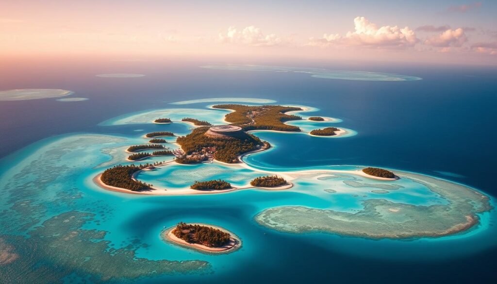 An aerial photograph of the remote Pacific island nation of Tuvalu, with its low-lying atolls and sparkling turquoise lagoons. The sun casts a warm glow over the scene, highlighting the vulnerable yet beautiful landscape. In the foreground, the ribbon-like coral reefs and palm-fringed beaches stretch out, while in the middle ground, the tightly-packed villages and patchwork of lush vegetation dot the small islands. The background reveals the vast, endless expanse of the Pacific Ocean, a poignant reminder of Tuvalu's precarious existence amidst the threat of rising sea levels. The image conveys a sense of serene yet unsettling fragility, capturing the essence of this endangered island nation. vista aérea das ilhas baixas de Tuvalu cercadas por mar turquesa