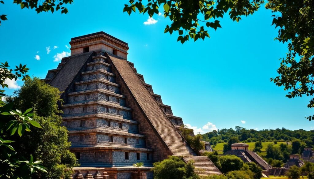 An ancient Mayan pyramid complex rising majestically against a clear blue sky, with lush jungle foliage framing the scene. The towering stepped structures, meticulously crafted from stone, are bathed in warm, golden sunlight, casting dramatic shadows across their intricate facades. In the foreground, a sense of timeless grandeur pervades, inviting the viewer to contemplate the rich cultural legacy of the Maya civilization. The mid-ground features smaller structures and plazas, suggesting the scale and complexity of this architectural marvel. In the distance, a dense, verdant canopy of trees creates a serene, natural backdrop, emphasizing the integration of the man-made and the natural. The overall composition captures the awe-inspiring essence of these ancient Mayan pyramids, the pinnacle of pre-Columbian engineering and design.