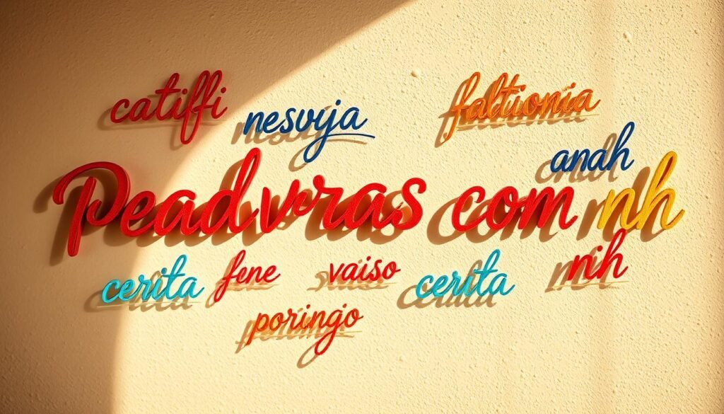 An assortment of vibrant, handwritten "palavras com nh" elegantly floating against a softly blurred, textured background. The words are rendered in a variety of cursive, calligraphic styles, with varying tilt and line weight, creating a dynamic, visually engaging composition. Warm, natural lighting illuminates the scene, casting subtle shadows and highlights that add depth and dimensionality. The overall mood is one of artistry, education, and the beauty of the Portuguese language.