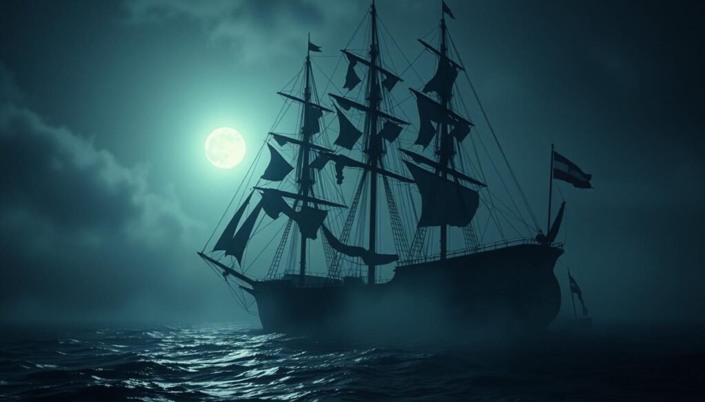 An eerie, ghostly ship with tattered sails and a weathered hull drifting through a moonlit, misty seascape. The ship's masts and rigging cast ominous shadows, conveying a sense of mystery and the unknown. The atmospheric lighting creates a moody, somber mood, hinting at the tragic fate that befell the vessel and its crew. The scene is captured in a cinematic, dramatic composition that draws the viewer in, inviting them to ponder the unsolved mystery of this legendary "ghost ship" that vanished without a trace decades ago. Navio fantasma com velas rasgadas navegando por um mar enevoado e iluminado pela lua, evocando mistério e desaparecimento.